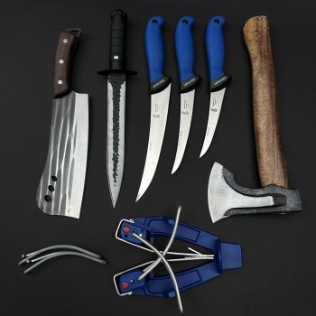 Set macelarie maner silicon SLNA 7 piese, Toporisca 34cm, Satar 33cm, Cutit fier forjat si 3 cutite otel inox + Dispozitiv ascutit, albastru