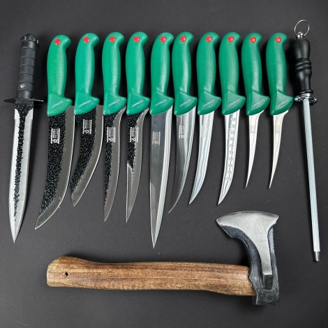 Set macelarie 13 piese, Toporisca, 5 cutite fier forjat, 6 cutite inox + pila ascutit, verde NOU MPVE