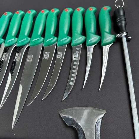 Set macelarie 13 piese, Toporisca, 5 cutite fier forjat, 6 cutite inox + pila ascutit, verde NOU MPVE