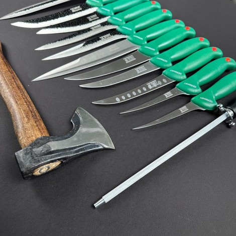Set macelarie 13 piese, Toporisca, 5 cutite fier forjat, 6 cutite inox + pila ascutit, verde NOU MPVE