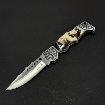 Cuțit briceag camping Anima Cerb 21cm, lama otel inox, mâner imprimeu, husa, ANIM-CRB21CRM