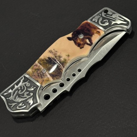 Cuțit briceag camping Anima Mistreț 21cm, lama otel inox, mâner imprimeu, husa, ANIM-MIS21BJ