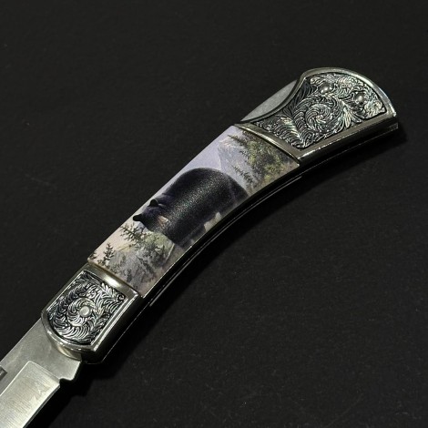 Cuțit briceag camping Anima Urs negru 2 19cm, lama otel inox, mâner imprimeu, ANIM-URS19BLK2