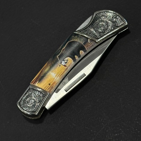 Cuțit briceag camping Anima Urs la apus 19cm, lama otel inox, mâner imprimeu, ANIM-URS19BLKA