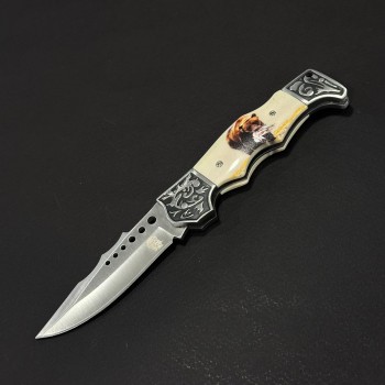 Cuțit briceag camping Anima Urs 21cm, lama otel inox, mâner imprimeu, husa, ANIM-URS21BEJ