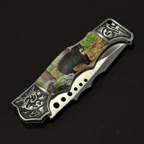 Cuțit briceag camping Anima Urs Negru 21cm, lama otel inox, mâner imprimeu, husa, ANIM-URS21BLK
