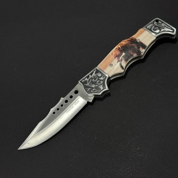 Cuțit briceag camping Anima Urs si Peste 21cm, lama otel inox, mâner imprimeu, husa, ANIM-URS21FSH