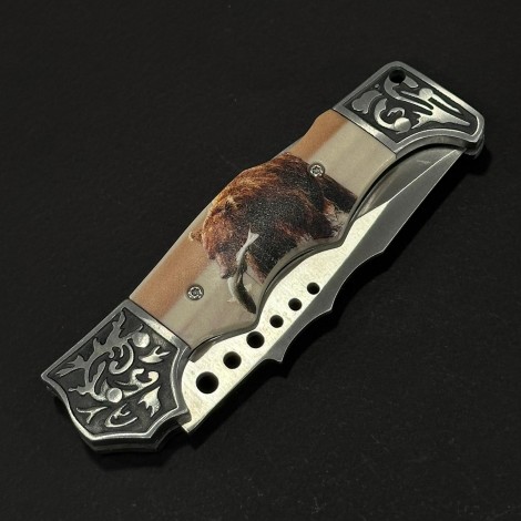 Cuțit briceag camping Anima Urs si Peste 21cm, lama otel inox, mâner imprimeu, husa, ANIM-URS21FSH