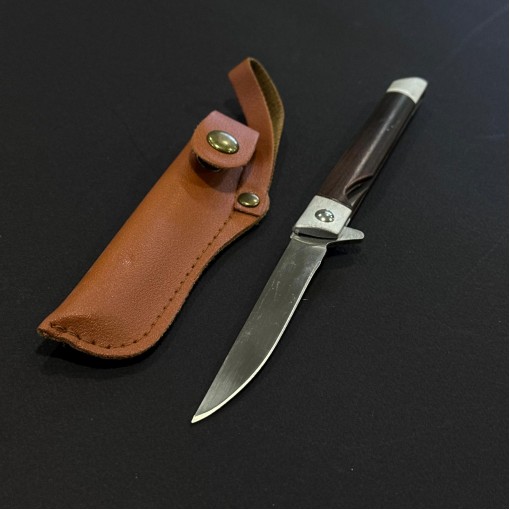 Cutit camping tip Briceag 21cm, lama otel inox, maner lemn maro, cu husa piele maro BRC-21MHP