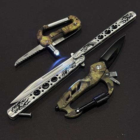 Set 3 piese Briceag Balisong 28cm BAL-28FGRD, 2x Briceag multifuncțional camping cu carabinier, ideal camping si drumeție