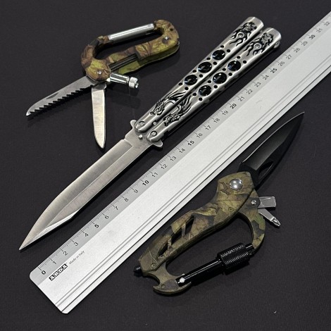 Set 3 piese Briceag Balisong 28cm BAL-28FGRD, 2x Briceag multifuncțional camping cu carabinier, ideal camping si drumeție