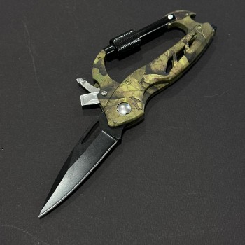 Briceag multifuncțional camping 19cm cu carabinier – lamă neagră + șurubelniță, mâner camuflaj, BRC-MULTI19C