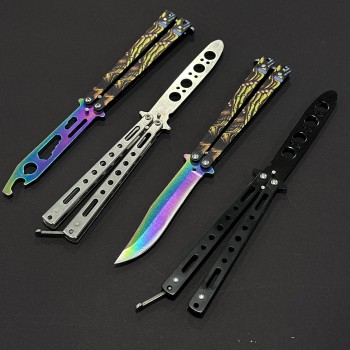 Set 4 piese Briceag Balisong 22cm, lama otel inox + fara tais, maner stil fluture/butterfly, 22FTSKL+22FTSLV+22FTBLK+22FSKL