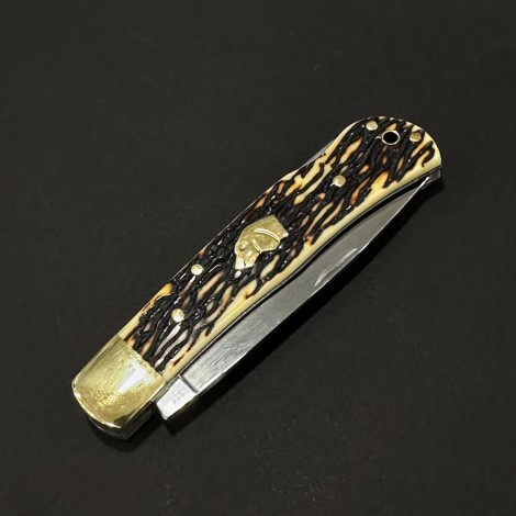 Cutit briceag camping și drumetie Doggy Gold 19cm, lama otel inox, maner corn cerb, husa BRCC-19DGG