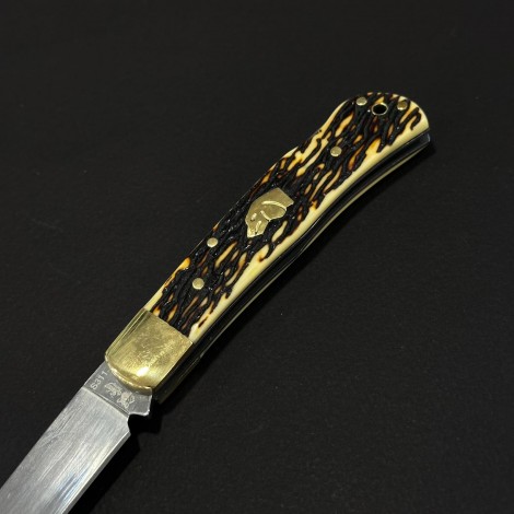 Cutit briceag camping și drumetie Doggy Gold 19cm, lama otel inox, maner corn cerb, husa BRCC-19DGG