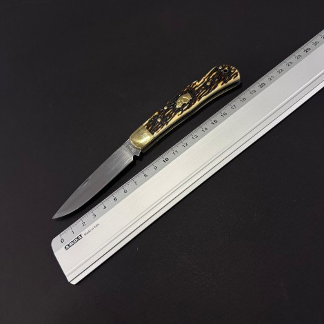 Cutit briceag camping și drumetie Doggy Gold 19cm, lama otel inox, maner corn cerb, husa BRCC-19DGG