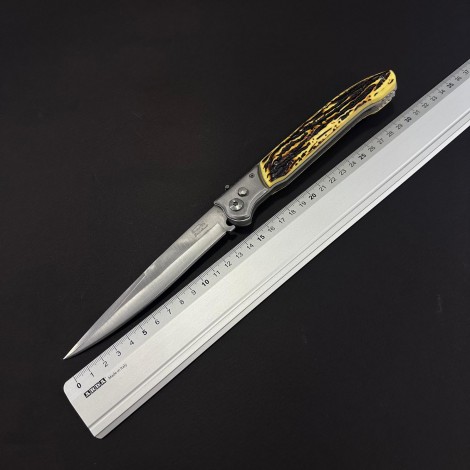 Cutit briceag camping și drumetie 32cm, lama varf tais dublu otel inox, maner corn cerb, husa, BRCC-32VD