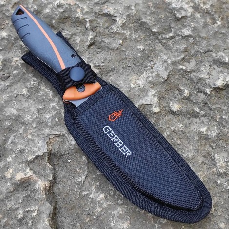 Cuțit camping Gerber GER-FIX25B 25cm, lama otel inox, maner portocaliu texturat, teacă inclusa