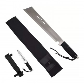 Cuțit camping tip maceta 40cm, lamă oțel inox, mâner paracord negru, cu husa + Cadou kunai 22cm MAC-BOW50 sabie FRS10