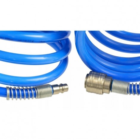 Furtun spiralat compresor, 15m, 8x12mm, 8bar, cuple rapide 1/4, albastru Furtun spiralat compresor, 15m, 8x12mm, 8bar, cuple rapide 1/4, albastru