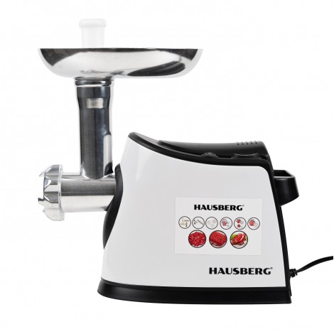 Masina electrica tocat carne Hausberg HB-3440, 1600W, 1 kg/min, buton reverse, 3 site, aluminiu, alba
