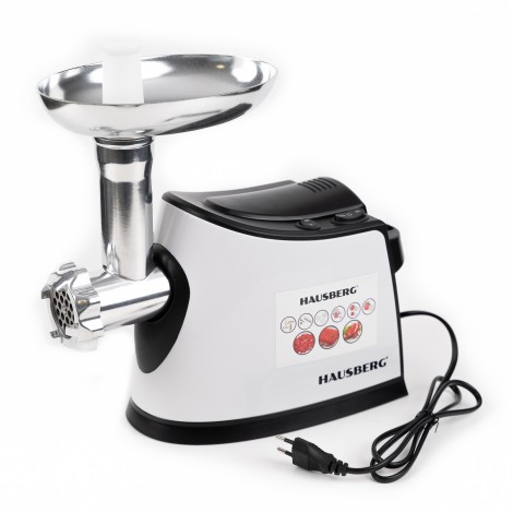 Masina electrica tocat carne Hausberg HB-3440, 1600W, 1 kg/min, buton reverse, 3 site, aluminiu, alba