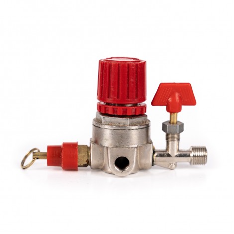 Reductor mic compresor de aer, 2 robinete iesire, supapa de siguranta,  metal Reductor mic compresor de aer, 2 robinete iesire, supapa de siguranta,  metal