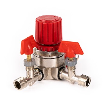 Reductor mic compresor de aer, 2 robinete iesire, supapa de siguranta,  metal Reductor mic compresor de aer, 2 robinete iesire, supapa de siguranta,  metal