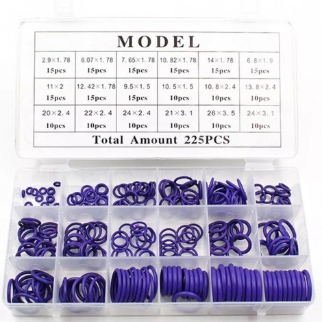 Set inele o-ring cauciuc, 225 piese, 2 - 24 mm, mov Set inele o-ring cauciuc, 225 piese, 2 - 24 mm, mov