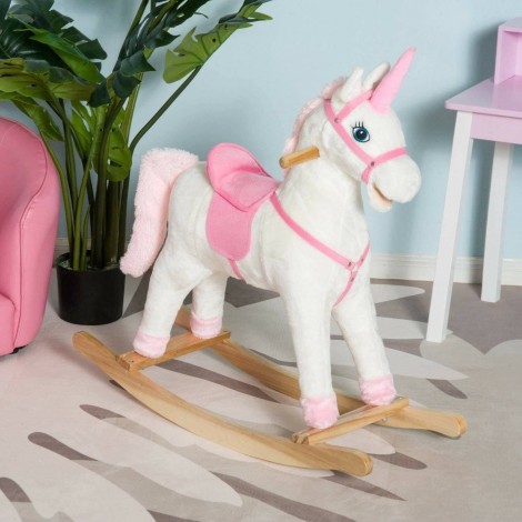 Calut balansoar Unicorn din plus, cadru lemn bambus cu roti, alb/roz Resigilat