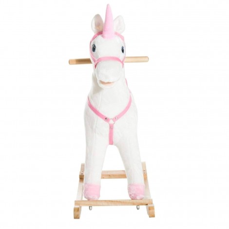 Calut balansoar Unicorn din plus, cadru lemn bambus cu roti, alb/roz Resigilat