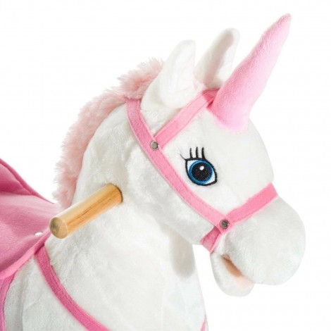 Calut balansoar Unicorn din plus, cadru lemn bambus cu roti, alb/roz Resigilat
