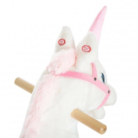 Calut balansoar Unicorn din plus, cadru lemn bambus cu roti, alb/roz Resigilat