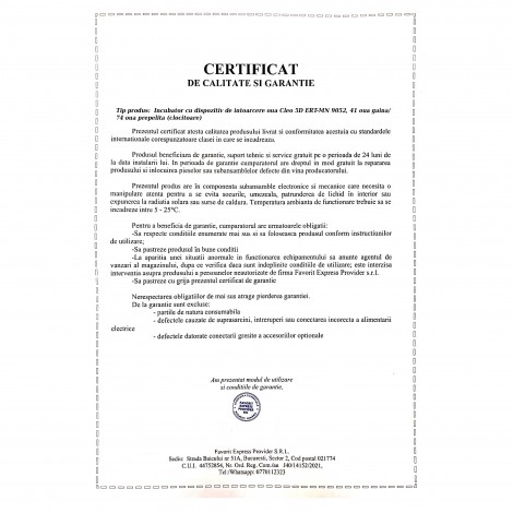 Incubator cu dispozitiv de intoarcere oua Cleo 5D ERT-MN 9052, 41 oua gaina/74 oua prepelita (clocitoare)
